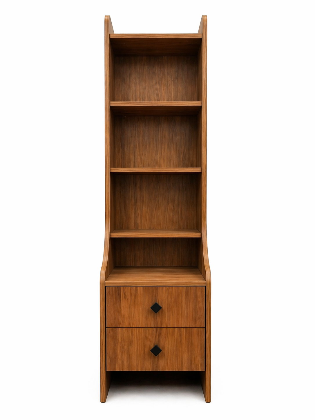 modern wooden bookshelf with drawers.